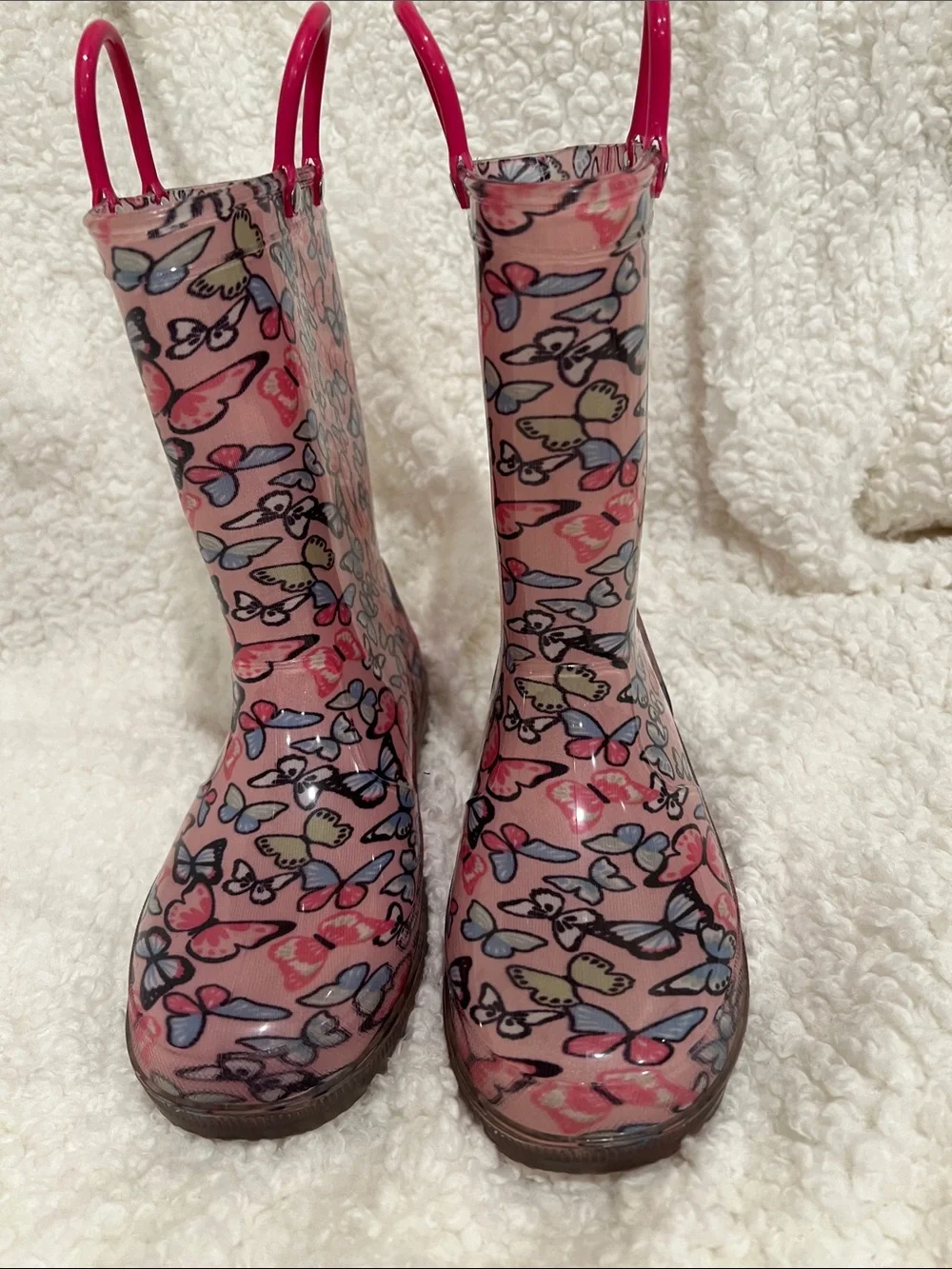 Girls' Pink Butterfly Print Rain Boots with Easy Pull Handles